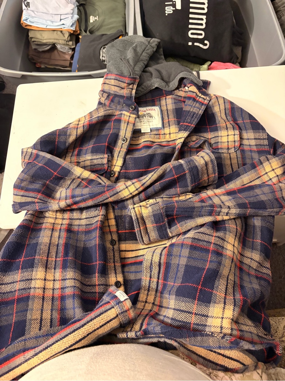 American Eagle Outfitters Navy, Beige & Red Plaid Hooded Flannel Shirt